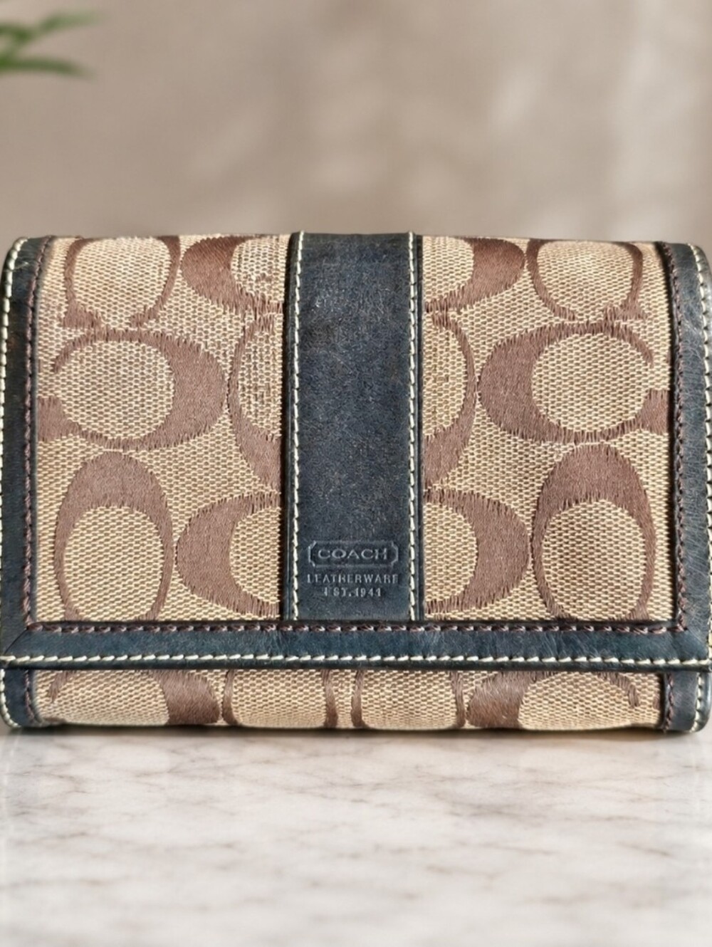 Coach Beige and Blue Teal Signature Wallet